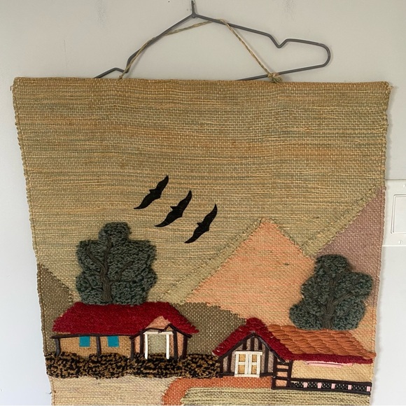 Vintage Handmade Rustic Boho Charming Village Scene Tapestry with Fringe - Picture 2 of 15